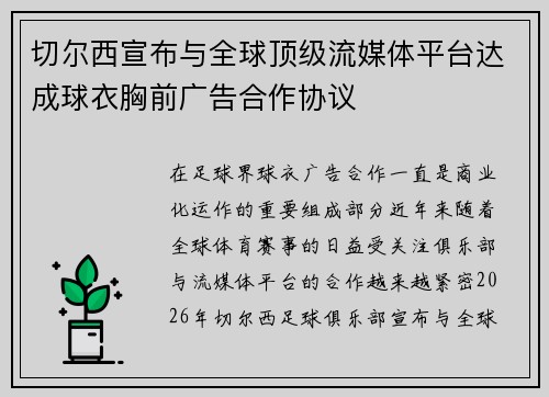 切尔西宣布与全球顶级流媒体平台达成球衣胸前广告合作协议