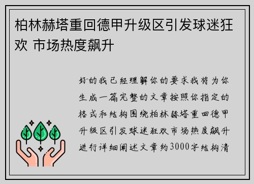 柏林赫塔重回德甲升级区引发球迷狂欢 市场热度飙升