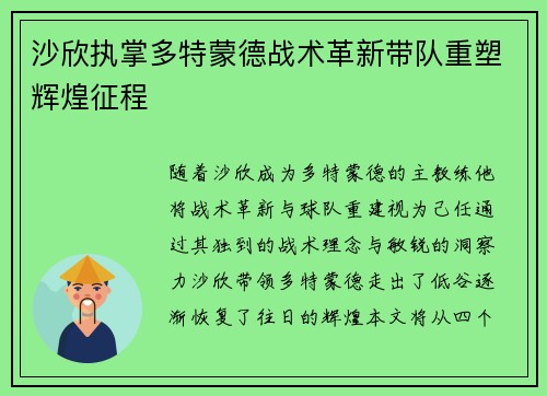 沙欣执掌多特蒙德战术革新带队重塑辉煌征程 沙欣执掌多特蒙德战术革新带队重塑辉煌征程