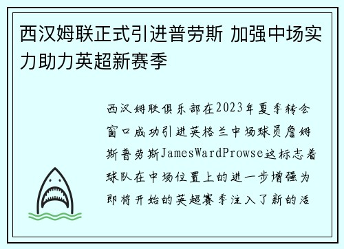 西汉姆联正式引进普劳斯 加强中场实力助力英超新赛季