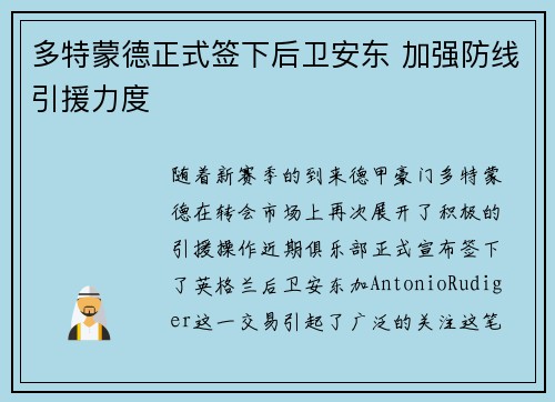 多特蒙德正式签下后卫安东 加强防线引援力度
