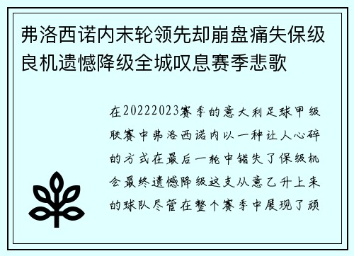弗洛西诺内末轮领先却崩盘痛失保级良机遗憾降级全城叹息赛季悲歌